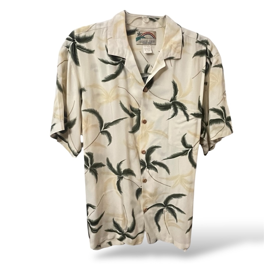 Paradise Found Cream & Green Hawaiian Palm Tree Print Casual Vacation Camp Shirt